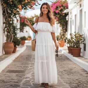 NWT Aqua white lace trim off shoulder evening bridal gown